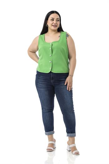 Büyük Beden Düğme Detaylı Benetton Yeşili Bluzan Yelek