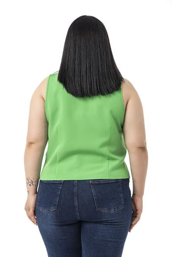 Büyük Beden Düğme Detaylı Benetton Yeşili Bluzan Yelek