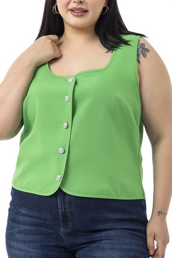 Büyük Beden Düğme Detaylı Benetton Yeşili Bluzan Yelek