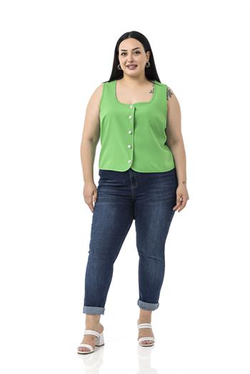 Büyük Beden Düğme Detaylı Benetton Yeşili Bluzan Yelek