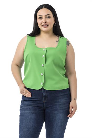 Büyük Beden Düğme Detaylı Benetton Yeşili Bluzan Yelek