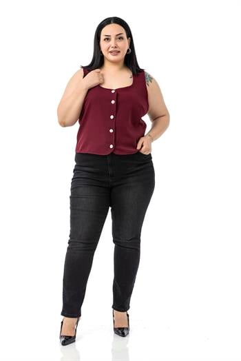 Büyük Beden Düğme Detaylı Bordo Bluzan Yelek