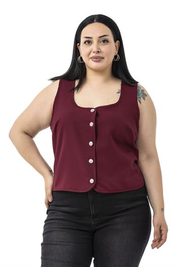 Büyük Beden Düğme Detaylı Bordo Bluzan Yelek