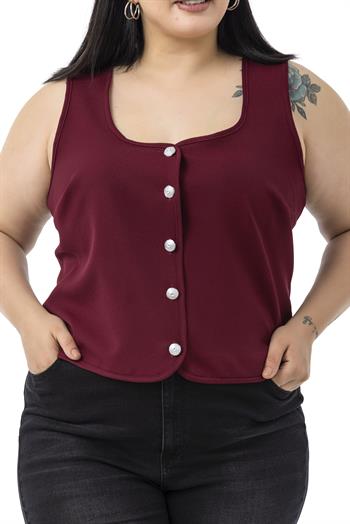 Büyük Beden Düğme Detaylı Bordo Bluzan Yelek