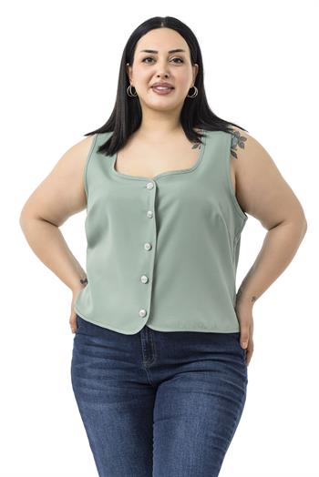Büyük Beden Düğme Detaylı Çağla Yeşili Bluzan Yelek