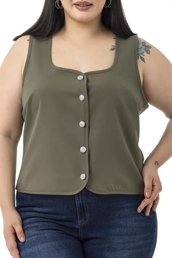 Büyük Beden Düğme Detaylı Haki Bluzan Yelek
