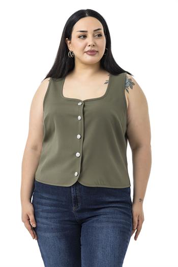 Büyük Beden Düğme Detaylı Haki Bluzan Yelek