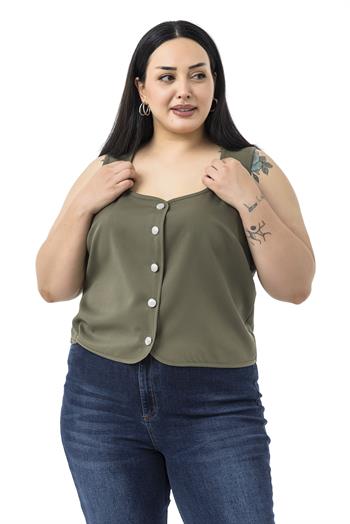 Büyük Beden Düğme Detaylı Haki Bluzan Yelek