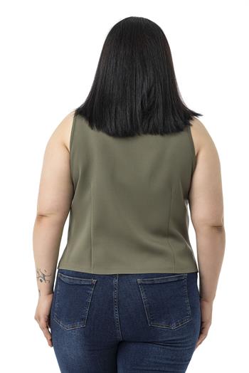 Büyük Beden Düğme Detaylı Haki Bluzan Yelek