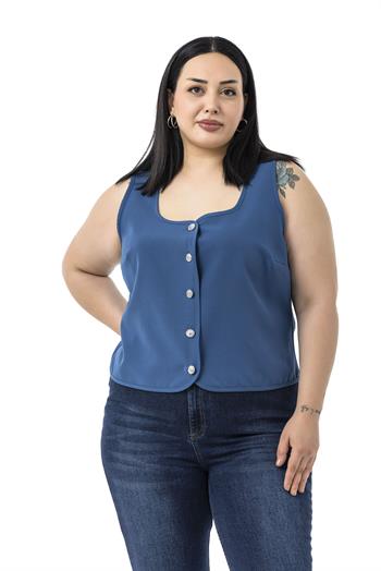 Büyük Beden Düğme Detaylı İndigo Bluzan Yelek