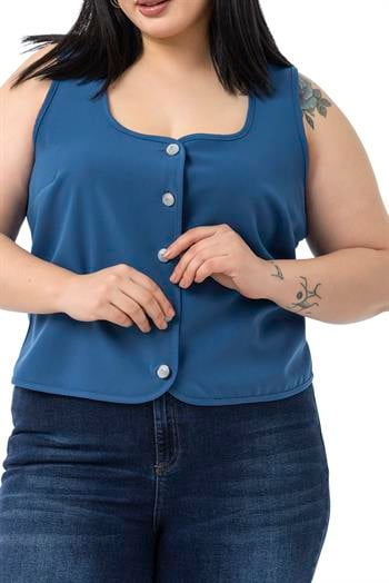 Büyük Beden Düğme Detaylı İndigo Bluzan Yelek