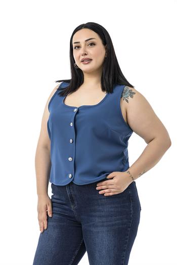 Büyük Beden Düğme Detaylı İndigo Bluzan Yelek