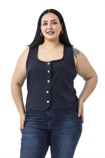 Büyük Beden Düğme Detaylı Lacivert Bluzan Yelek