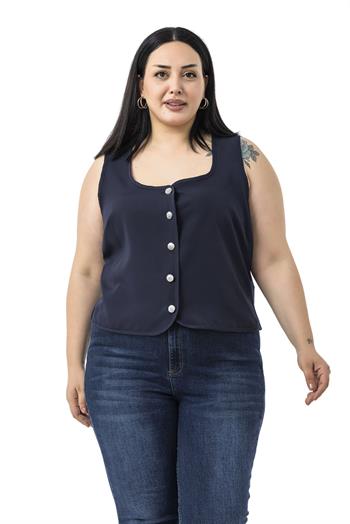 Büyük Beden Düğme Detaylı Lacivert Bluzan Yelek