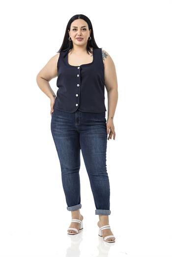 Büyük Beden Düğme Detaylı Lacivert Bluzan Yelek