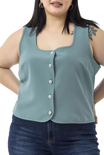 Büyük Beden Düğme Detaylı Mint Yeşili Bluzan Yelek