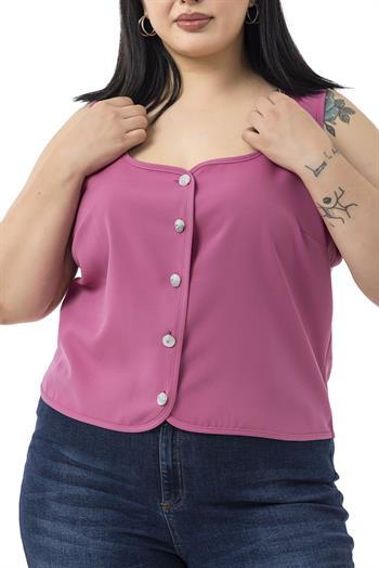 Büyük Beden Düğme Detaylı Pembe Bluzan Yelek