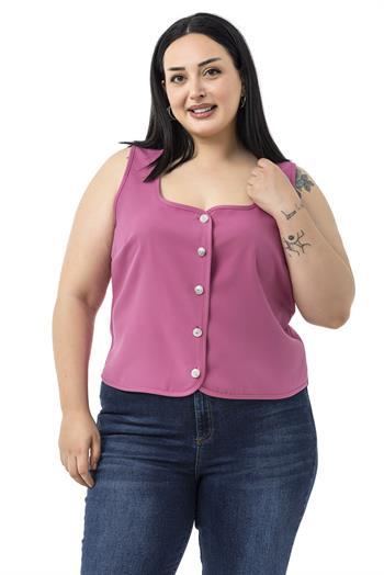 Büyük Beden Düğme Detaylı Pembe Bluzan Yelek