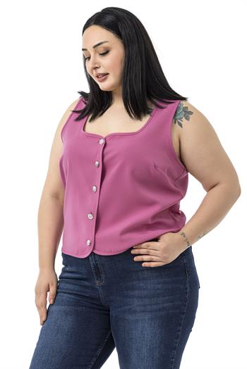 Büyük Beden Düğme Detaylı Pembe Bluzan Yelek