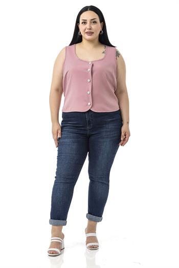 Büyük Beden Düğme Detaylı Pudra Bluzan Yelek