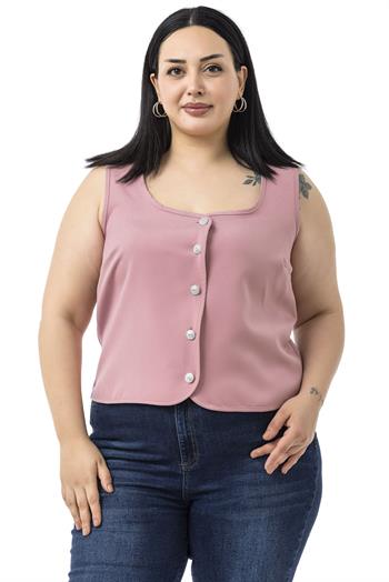 Büyük Beden Düğme Detaylı Pudra Bluzan Yelek