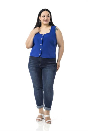 Büyük Beden Düğme Detaylı Saks Mavi Bluzan Yelek