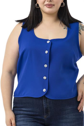 Büyük Beden Düğme Detaylı Saks Mavi Bluzan Yelek