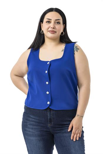 Büyük Beden Düğme Detaylı Saks Mavi Bluzan Yelek