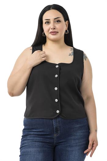 Büyük Beden Düğme Detaylı Siyah Bluzan Yelek