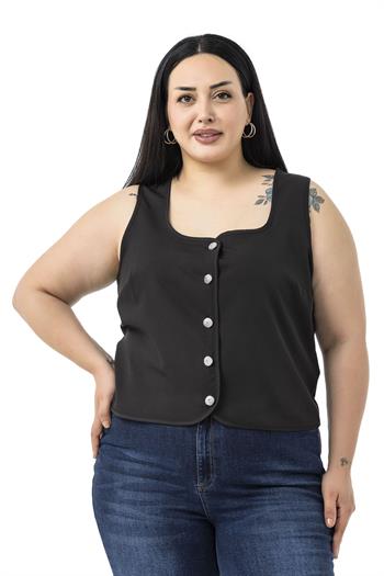 Büyük Beden Düğme Detaylı Siyah Bluzan Yelek