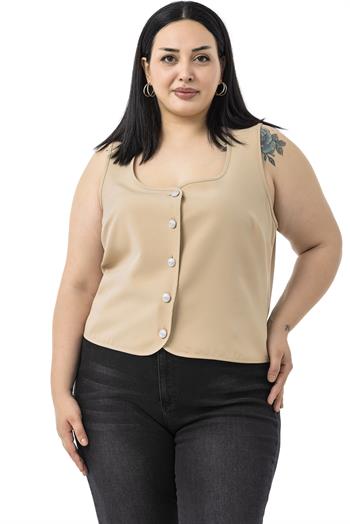 Büyük Beden Düğme Detaylı Vizon Bluzan Yelek