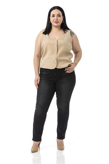 Büyük Beden Düğme Detaylı Vizon Bluzan Yelek