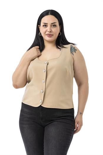 Büyük Beden Düğme Detaylı Vizon Bluzan Yelek