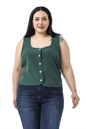 Büyük Beden Düğme Detaylı Zümrüt Yeşili Bluzan Yelek