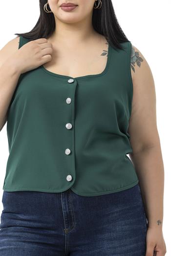 Büyük Beden Düğme Detaylı Zümrüt Yeşili Bluzan Yelek