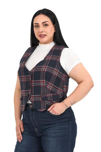 Büyük Beden Düğme Kapamalı Cep Kapaklı Astarlı Kısa Lacivert Yelek