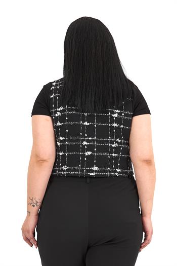 Büyük Beden Düğme Kapamalı Cep Kapaklı Astarlı Kısa Tüvit Simli Siyah Yelek