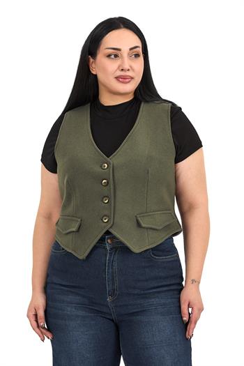 Büyük Beden Düğme Kapamalı Cep Kapaklı Astarlı Kısa Kaşe Haki Yelek