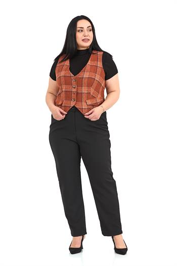 Büyük Beden Düğme Kapamalı Cep Kapaklı Astarlı Kısa Tarçın Yelek