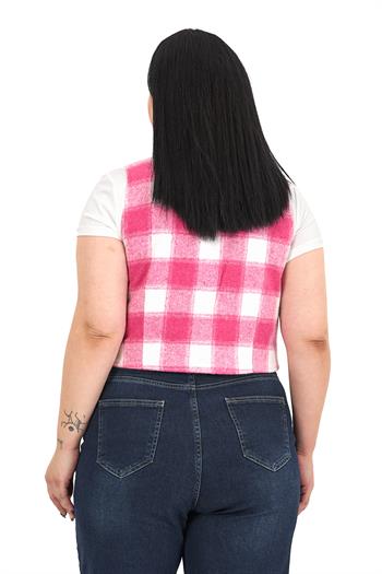 Büyük Beden Düğme Kapamalı Cep Kapaklı Astarlı Kısa Pembe Yelek