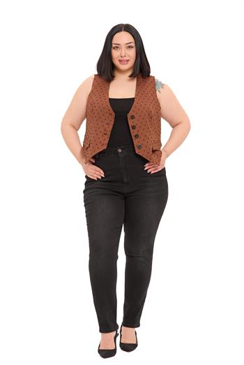 Büyük Beden Düğme Kapamalı Cep Kapaklı Astarlı Kısa Puanlı Kahverengi Yelek