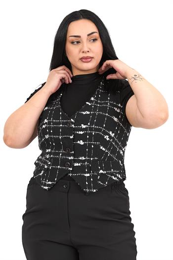 Büyük Beden Düğme Kapamalı Cep Kapaklı Astarlı Kısa Tüvit Simli Siyah Yelek