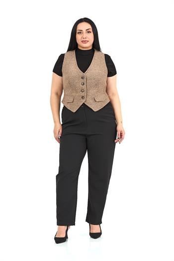 Büyük Beden Düğme Kapamalı Cep Kapaklı Astarlı Kısa Balıksırtı Vizon Yelek