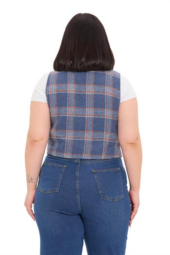 Büyük Beden Düğme Kapamalı Cep Kapaklı Astarlı Kısa İndigo Yelek