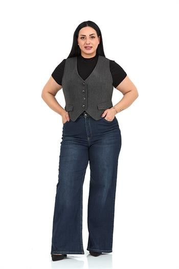 Büyük Beden Düğme Kapamalı Cep Kapaklı Astarlı Kısa Kaşe Antrasit Yelek