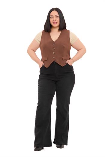 Büyük Beden Düğme Kapamalı Cep Kapaklı Astarlı Kısa Kaşe Kahverengi Yelek