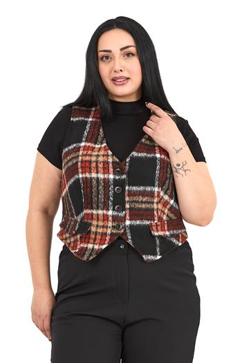 Büyük Beden Düğme Kapamalı Cep Kapaklı Astarlı Kısa Çizgili Kaşe Siyah Yelek