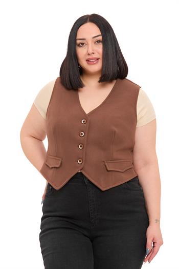 Büyük Beden Düğme Kapamalı Cep Kapaklı Astarlı Kısa Kaşe Kahverengi Yelek