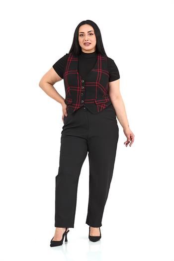 Büyük Beden Düğme Kapamalı Cep Kapaklı Astarlı Kısa Siyah Kırmızı Yelek