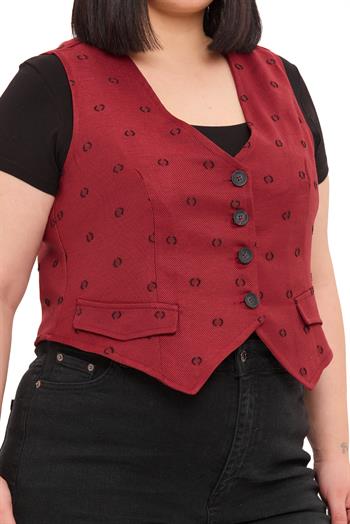 Büyük Beden Düğme Kapamalı Cep Kapaklı Astarlı Kısa Kesme Puanlı Bordo Yelek